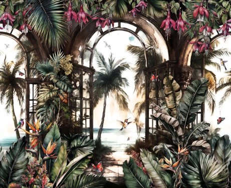 Tropical pattern wallpaper leaf with birds in beach with a arch background - 901158576