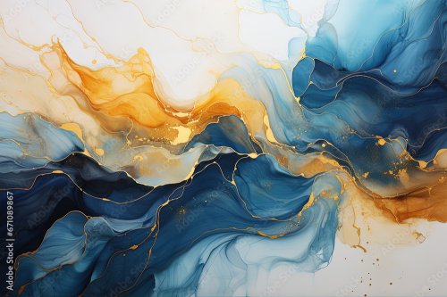 Vague bleue abstraite avec des lignes dorées (non métalliques) style aquarelle - 901158609