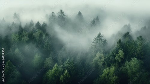 Vue aérienne d'une forêt dense à travers le brouillard - 901158616