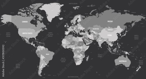 Carte du monde en anglais dans les teintes de gris sur fond foncé
