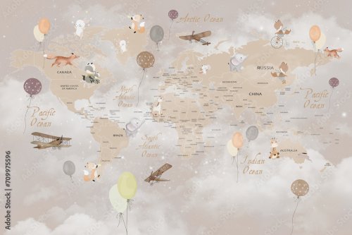English Educational world map wallpaper design for children's rooms