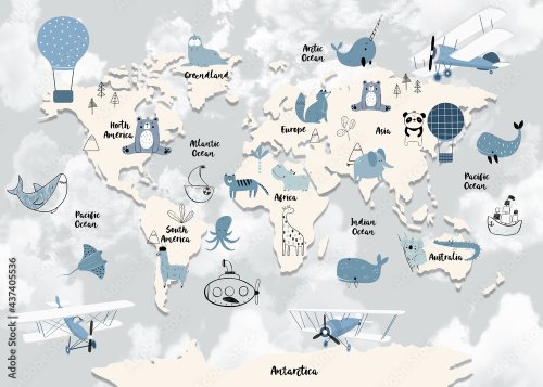 English World map for kids with cute animals cartoon planes and air balloons - 901158647