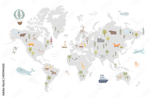 World map with cute animals in cartoon style