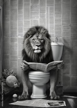 Lion sit on the toilet, reading a newspaper