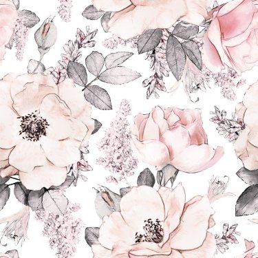 Seamless pattern with watercolor pink flowers and leaves on white background - 901158641