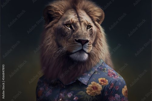 Portrait d'un lion habillé d'un chemisier floral - 901158679