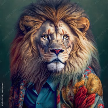 Portrait d'un lion habillé d'une chemise funcky