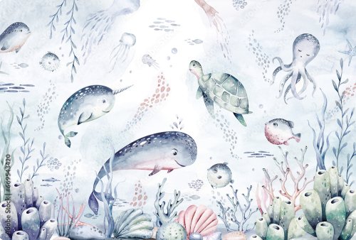 Blue watercolor ocean fish, turtle, whale and coral