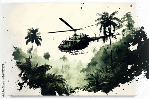 War helicopter flying over the vietnam jungle