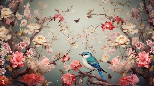 Illustration vintage d'un oiseaux et arbre floral vintage - 901158687