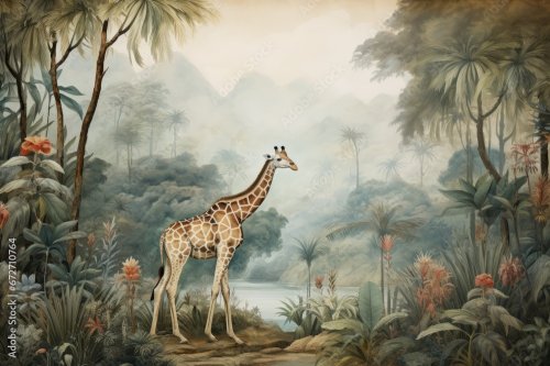 Illustration vintage d'une girafe naviguant gracieusement dans une jungle lux... - 901158688