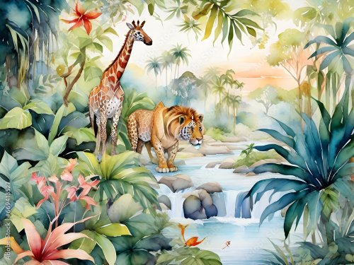Peinture à l'aquarelle d'un paysage de forêt tropicale avec des animaux - 901158690
