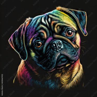 Portrait abstrait d'un chien Pug dans le style pop art coloré