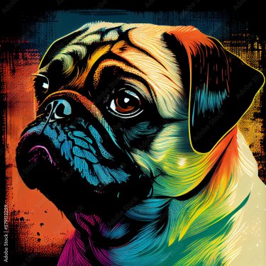 A Retro Pop Art-Style Portrait Illustration of a Pug Dog