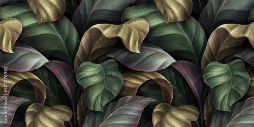 Tropical leaves in gold (non metallique), green, gray colors