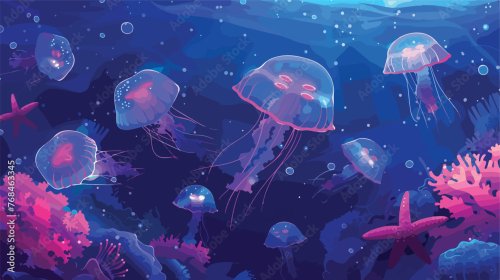 Group of jellyfish swimming in a blue sea with pink
