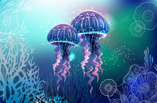 Illustration de méduses aux couleurs néon vives - 901158711