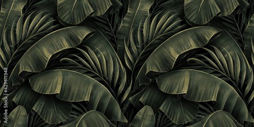 Tropical exotic seamless pattern with golden green banana leaves, palm on night dark background