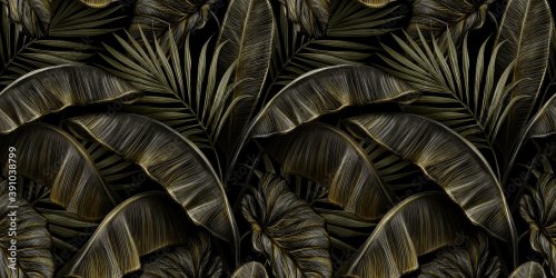 Tropical exotic seamless pattern with dark golden vintage banana leaves, palm and colocasia