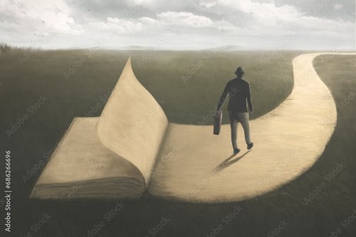 Illustration d'un sage marchant sur la dernière page d'un livre surréaliste, concept de sagesse