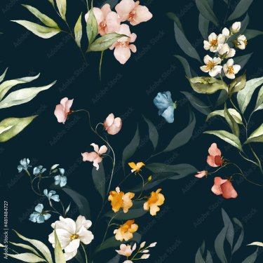 Seamless watercolor floral pattern - pink blush flowers elements, green leaves branches on dark black background