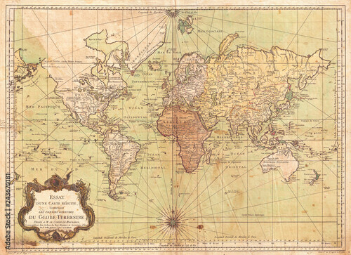 1778, Bellin Nautical Chart or Map of the World - French