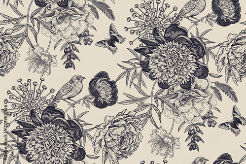 Motif de pivoines oiseaux et papillons