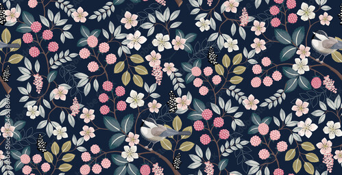 Motif floral avec petits oiseaux